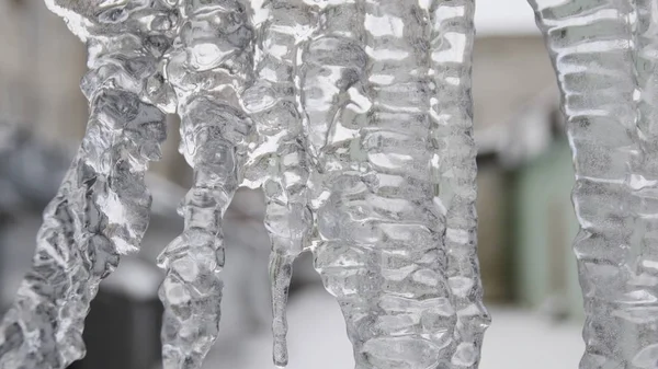 Nahaufnahme für Eiszapfen mit Kristallstruktur auf winterlichem Hintergrund. Archivmaterial. Wassertropfen fallen beim Schmelzen aus klaren Stalaktiten. — Stockfoto