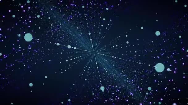 Movimento abstrato de pontos e linhas no espaço, conceito de conexão. Animação. Pequenos círculos azuis voando da câmera e em uma forma de uma espiral no fundo azul escuro . — Vídeo de Stock
