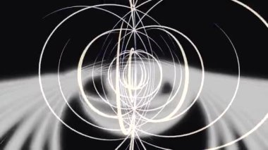 Siyah arka plan üzerinde daireler oluşturan beyaz çizgilerin soyut hızlı hareketi, kesintisiz döngü. Animasyon. Farklı yönlerde hareket eden tek renkli ışınlar ve kavisli çizgiler.