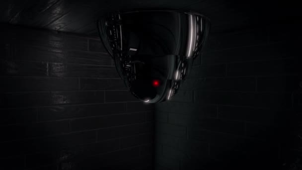 Abstrakte Überwachungskamera mit roter Anzeige an der Decke im dunklen Raum, Sicherheits- und Überwachungskonzept. Animation. Überwachungskamera auf schwarzem Wandhintergrund. — Stockvideo