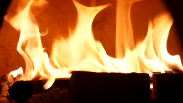 Close up for burning fire in old fashioned oven for baking food. Frame. Traditional oven, burning woods and flames in fireplace. — Stock Video