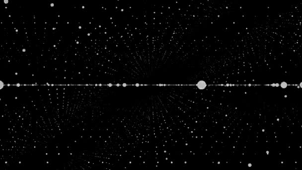 3D pequenas partículas brancas em muitas linhas de mooving em fundo preto, loop sem costura. Animação. Bela nuvem de galáxia espacial, voando nos círculos de movimento ordenados, monocromático . — Vídeo de Stock