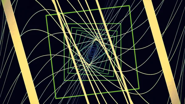 Двигаясь через неоновый прямой туннель из простых квадратных зеленых ворот и изогнутых узких желтых линий, текущих на черном фоне. Анимация. Цветной магнитный ромботуннель . — стоковое фото