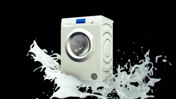 Abstrakte weiße Waschmaschine mit gefrorenem Schaumwasserspritzer isoliert auf schwarzem Hintergrund. Animation. rotierende Waschmaschine, Haushaltsgeräte-Konzept. — Stockvideo