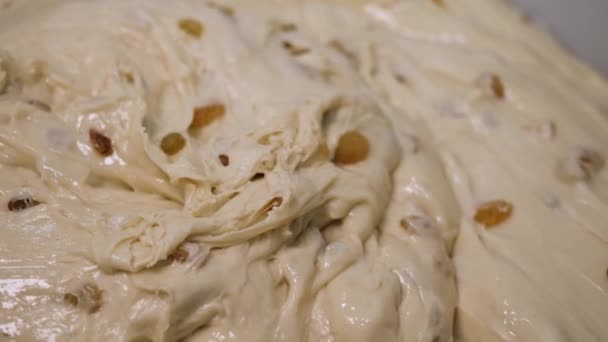 Chiudere per pasticceria mista con uvetta in ciotola di metallo, concetto di cibo nutriente. Filmati delle scorte. Sfondo pasta cruda per torte o pane . — Video Stock