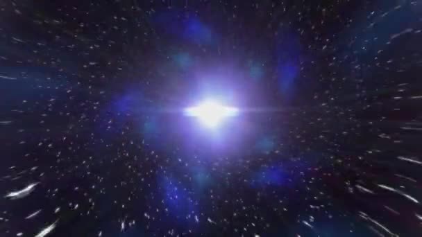 Moving backwards in abstract wormhole, time and space, clouds, and millions of stars. Animation. Beautiful blue galaxy tunnel with stars dust and shining bright light, seamless loop. — Stock Video
