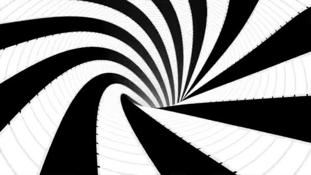 Abstracte achtergrond met geanimeerde hypnotische tunnel van zwarte en witte strepen spinnen, naadloze lus. Animatie. Eindeloze roterende trechter, monochroom. — Stockvideo