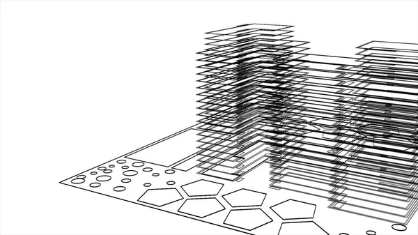 Abstract animation of black and white blueprint of modern constructions and buildings. Animation. Abstract 3d animation of construction business and technology concept