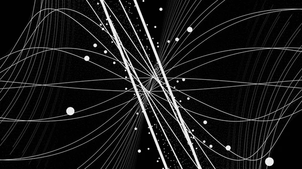 Прямі і вигнуті білі лінії рухаються і обертаються на чорному тлі з рядами білих точок, безшовної петлі. Анімація. Абстрактний фон з обертовими барвистими лініями і колами, монохромний . — стокове фото