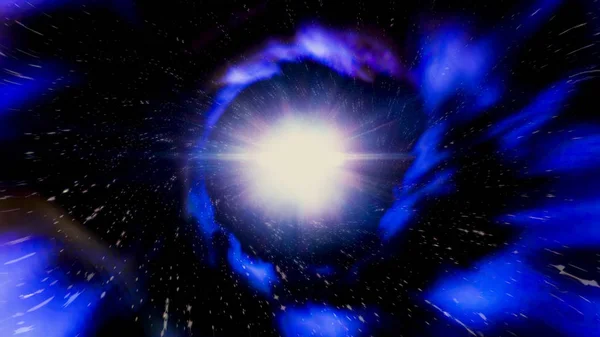 Movendo-se através de wormhole abstrato, tempo e espaço, nuvens e milhões de estrelas. Animação. Belo túnel de galáxia azul com poeira de estrelas e luz brilhante brilhante, loop sem costura . — Fotografia de Stock