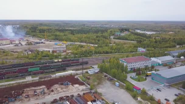 Flygbild av ljusa gröna fält, liten damm, hus och en järnväg med godståg. Klipp. Naturlandskap med äng, tallar på molnigt himmel bakgrund. — Stockvideo