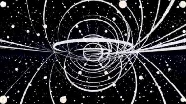 Siyah arka plan, tek renkli hareket eden beyaz dar çizgiler ve nokta ile soyut arka plan. Animasyon. Parlayan ışık, kesintisiz döngü dönen daireler.