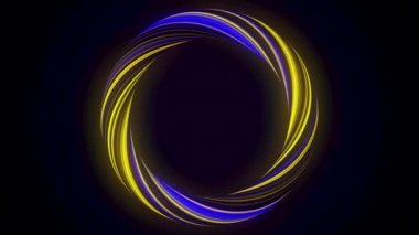Siyah arka plan üzerinde izole yanıp sönen renkler ile büküm lif soyut parlayan halka. Animasyon. Parlayan sarı ve mavi renkli daire, kesintisiz döngü.