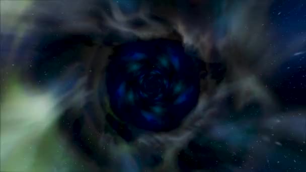 Flying backwards in beautiful galaxy tunnel with space dust, time travel concept. Animation. Rotating space funnel with green, blue, and grey clouds on black background. — Stock Video