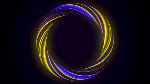 黒い背景に隔離された点滅する色でねじれた繊維からの抽象的な輝くリング。アニメーション。輝く黄色と青の色の円、シームレスなループ. — ストック動画