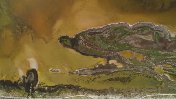 Brown dirty lake with patterned shore. Shot. Top view of patterned surface of marshy shores and musty brown acid lake. Art of natural surface of earth from birds-eye view — Stock Video