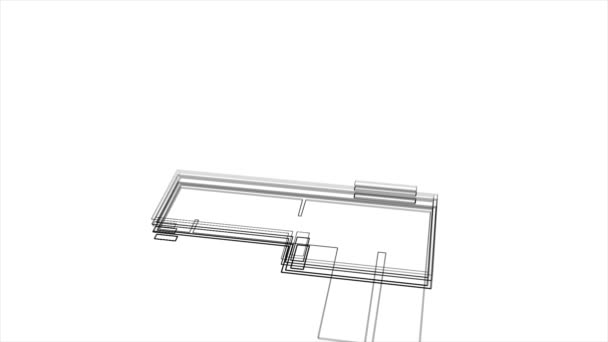 住宅の建物の設計の抽象的な3Dアニメーション。アニメーション。白い背景にグラフィックデザインのプロジェクトの初期段階で近代的な多階建ての建物の投影 — ストック動画