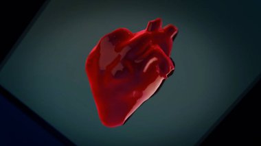 İnsanların kalbinin karanlık bir arka planda hareket ettiğini gösteren soyut üç boyutlu renkli bir model. Animasyon. İnsan anatomisi