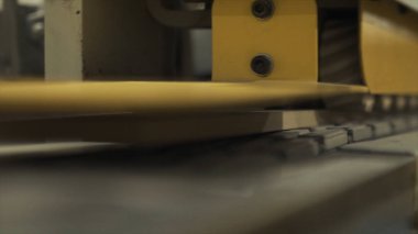 Fabrika veya endüstriyel bitkinin çalışma odasında sarı frezeleme makinesinin yakın çekim. Eylem. Ağaç işleme endüstrisi