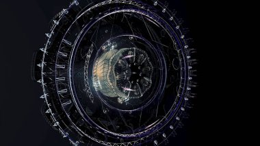 Uzayda güzel büyük uydu. Animasyon. Soyut bir uzay gemisinin siyah arka plan üzerinde döndürme mekanizması.