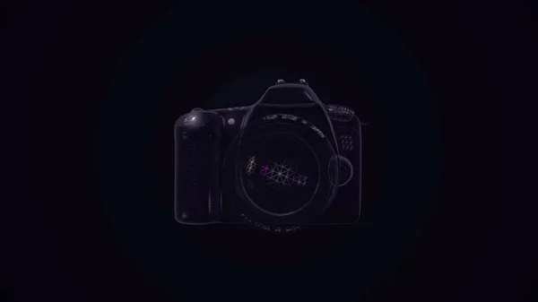 Animação abstrata da câmera fotográfica moderna modelo 3d ou holograma girando sobre o fundo escuro. Animação. Conceito de fotografia — Fotografia de Stock