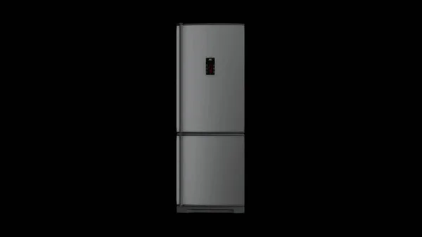 黒い背景に回転する電子パネルが付いている白い現代冷蔵庫の抽象的な3Dモデル。アニメーション。キッチン用品 — ストック写真