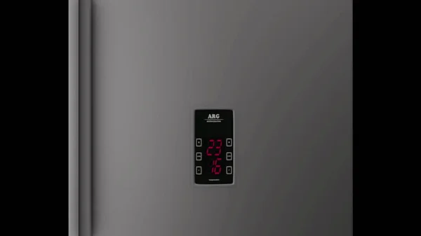 Modelo 3d abstrato de refrigerador moderno branco com painel eletrônico girando sobre o fundo preto. Animação. Eletrodomésticos — Fotografia de Stock