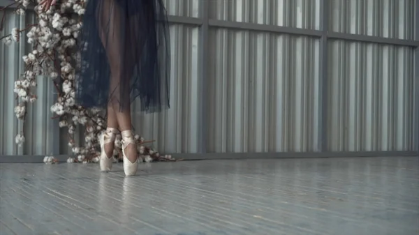 Close-up of ballet dancers legs in pointe shoes, tights and mesh skirt dancing on pointe in a choreography room. Ballet classes