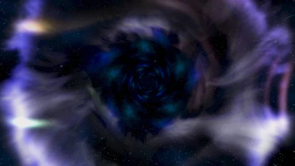 Προχωρώντας ανάποδα σε αφηρημένη σκουληκότρυπα, χρόνο και χώρο, σύννεφα, και εκατομμύρια αστέρια. Κινούμενα σχέδια. Όμορφο μπλε γαλαξία σήραγγα με αστέρια σκόνη και λάμπει φωτεινό φως, απρόσκοπτη βρόχο. — Φωτογραφία Αρχείου