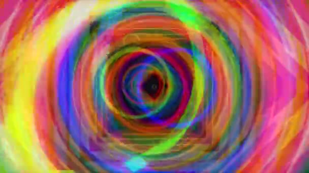 Volando a través de un túnel hipnótico de colores brillantes con círculos y cuadrados, bucle sin fisuras. Animación. Figuras geométricas de colores arco iris vuelan en un túnel . — Vídeo de stock