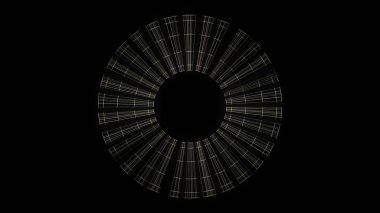 Siyah arka plan üzerinde soyut dönen şeffaf ışın çerçeveleri, kesintisiz döngü. Animasyon. Siyah circke etrafında ışıltılı iplik bıçakları hız alıyor.