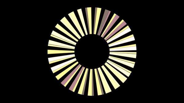 Abstract rotating blades of jet engine on black background, seamless loop. Animation. Yellow rays spinning around black circle picking up speed.