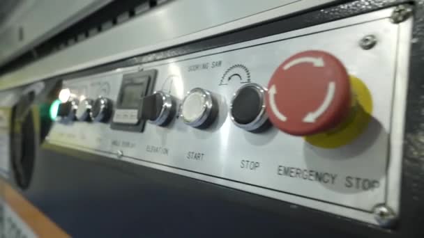 Control panel of factory equipment at industrial enterprise. Action. Close-up of modern remote control with buttons machine in production — Stock Video