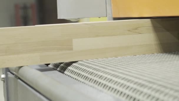 Nahaufnahme von Holzbrettern in der Holzverarbeitungsmaschine. Aktion. Holzbearbeitung kombiniert mit modernen automatisierten Anlagen im Holzverarbeitungsbetrieb — Stockvideo