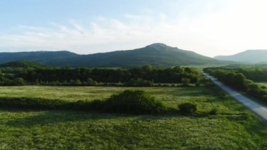 Dağların ve yeşil ormanın arka planına sahip yeşil alanlar. Atış. Bulutlu gökyüzü arka planda taze çayırlar arasında boş gri asfalt yol.