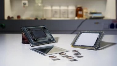 Laboratuvarda equpment için yakın, sciene kavramı. Stok görüntüleri. Kimyasal laboratuvardaki mekanizmanın beyaz temiz masa üzerinde yatan kısımları.