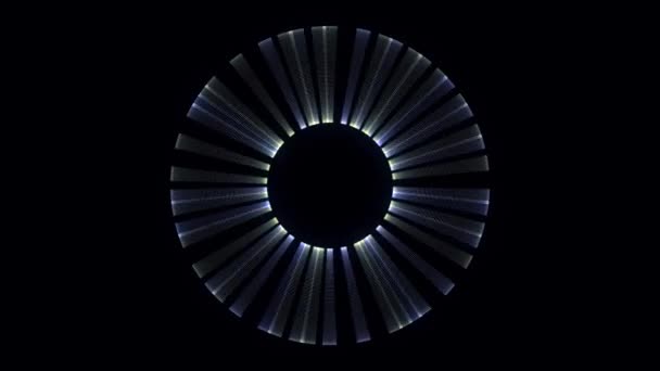 Witte en blauwe glanzende strepen van licht die rond zwarte cirkels op zwarte achtergrond roteren. Animatie. Neon bladen spinnen snel, naadloze lus. — Stockvideo