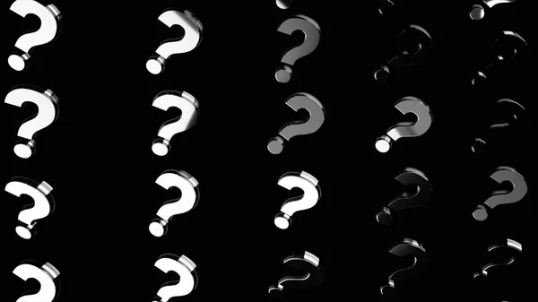 Silver question marks moving on black background, uncertainty concept. Animation. Monochrome chaotic question signs flowing from one corner to another, seamless loop.