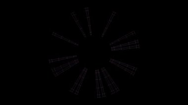 Siyah arka plan üzerinde soyut dönen şeffaf ışın çerçeveleri, kesintisiz döngü. Animasyon. Siyah circke etrafında ışıltılı iplik bıçakları hız alıyor.