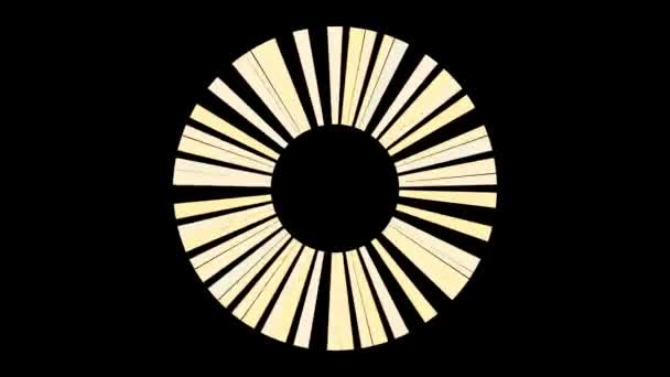 Abstract rotating blades of jet engine on black background, seamless loop. Animation. Yellow rays spinning around black circle picking up speed. — Stock Video