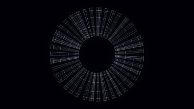 Siyah arka plan üzerinde soyut dönen şeffaf ışın çerçeveleri, kesintisiz döngü. Animasyon. Siyah circke etrafında ışıltılı iplik bıçakları hız alıyor.