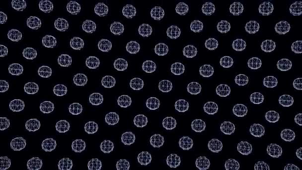 Many rows of small dodecahedrons frames swaying on black background, seamless loop. Animation. Transparent geometrical figures rotating and moving, monochrome. — Stock Video