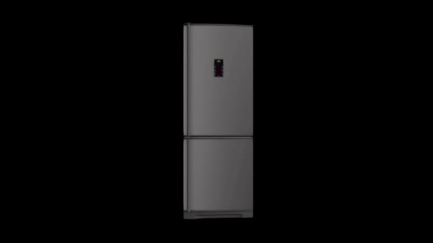 Absztrakt 3D-s modellt, fehér, modern hűtőszekrény, elektronikus panel forgatható a fekete háttér. Animáció. Konyhai eszközök