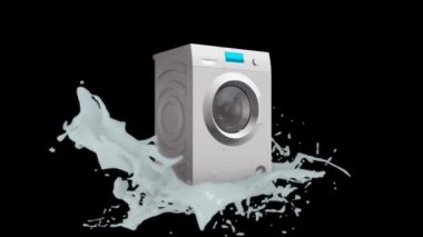 Beyaz sıçramaları siyah arka planda dönen elektronik panel ile beyaz çamaşır makinesinin Soyut 3D modeli. Animasyon. Mutfak aletleri