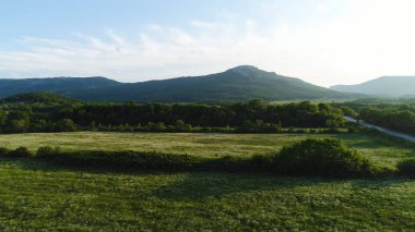 Dağların ve yeşil ormanın arka planına sahip yeşil alanlar. Atış. Bulutlu gökyüzü arka planda taze çayırlar arasında boş gri asfalt yol.