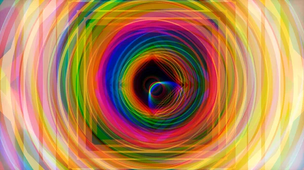 黒の背景に虹色の催眠と beautifful トンネル、シームレスなループ。アニメーション。円と四角のカラフルな勾配トンネル. — ストック写真