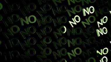 Birçok soyut Neon hiçbir kelime siyah arka planda yavaş akan, inkar kavramı. Animasyon. Yeşil parlak büyük harfler ışık glares ile çapraz hareket.