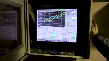Ölçüm istasyonunun operatör grafik ile endüstriyel bilgisayara bakıyor. Stok görüntüleri. Fabrikada makinenin monitörü için yakın.