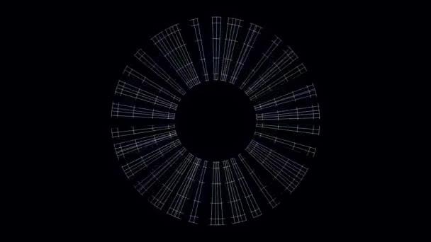 Abstract roterende transparante Ray frames op zwarte achtergrond, naadloze lus. Animatie. Glinsterende Spinning bladen rond zwarte circke picking up snelheid. — Stockvideo