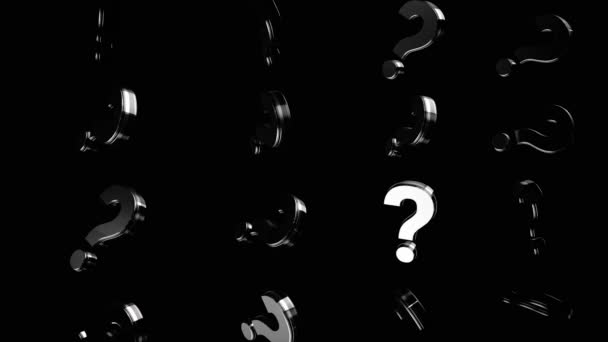 Silver question marks moving on black background, uncertainty concept. Animation. Monochrome chaotic question signs flowing from one corner to another, seamless loop. — Stock Video